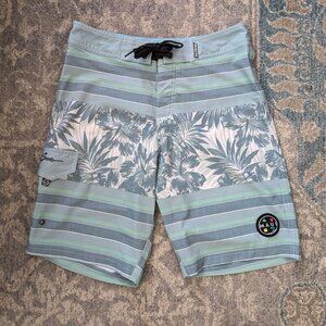 Share MAUI & SONS Board Shorts 30 (31) Blue Green Floral 4 Way Stretch Logo Tie